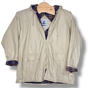 Misty Harbor Hooded Raincoat Beige Plaid Flannel Lined Zip Up Jacket 1XL Y2K